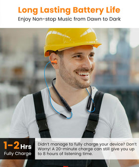 HomeSpot neckband held in hand illustrating compact scale and portable convenience
