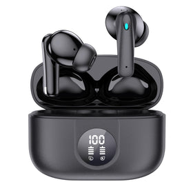 HomeSpot earbuds front view showing sleek design and compact case for portable listening