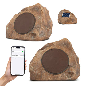 Homewell outdoor rock speaker in garden setup for seamless wireless music.