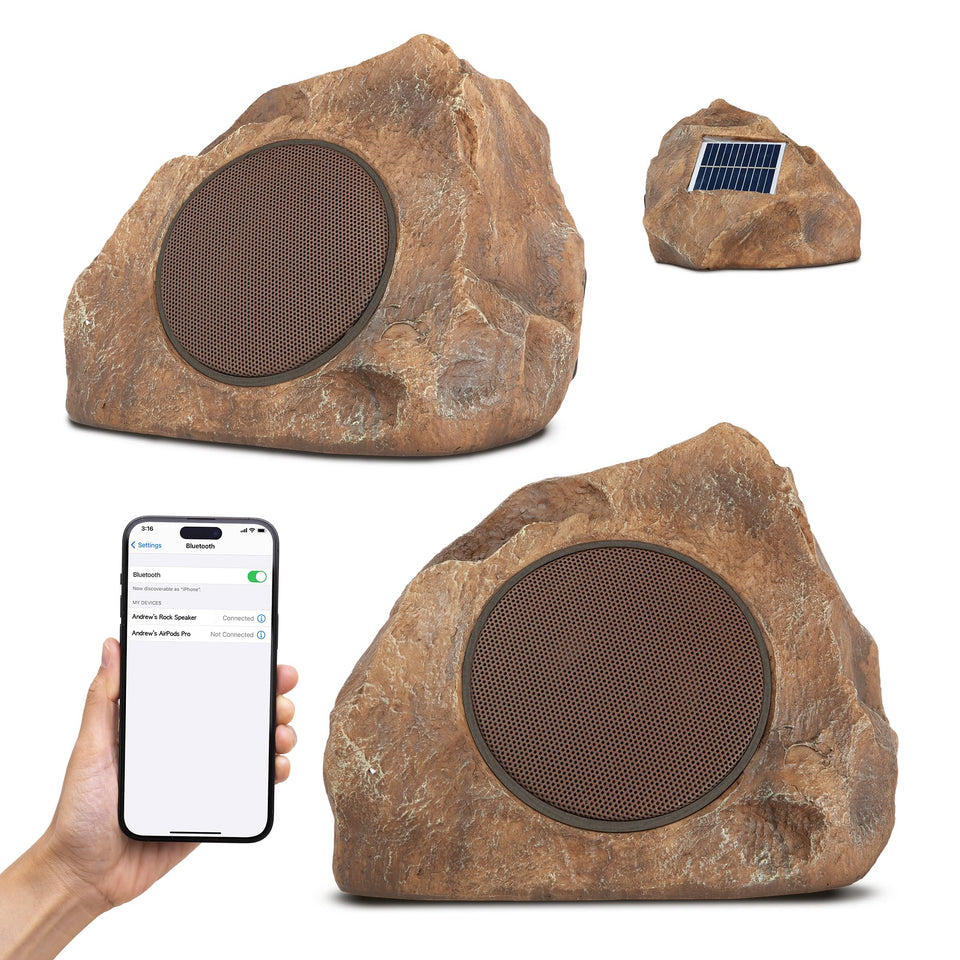 Homewell outdoor rock speaker in garden setup for seamless wireless music.
