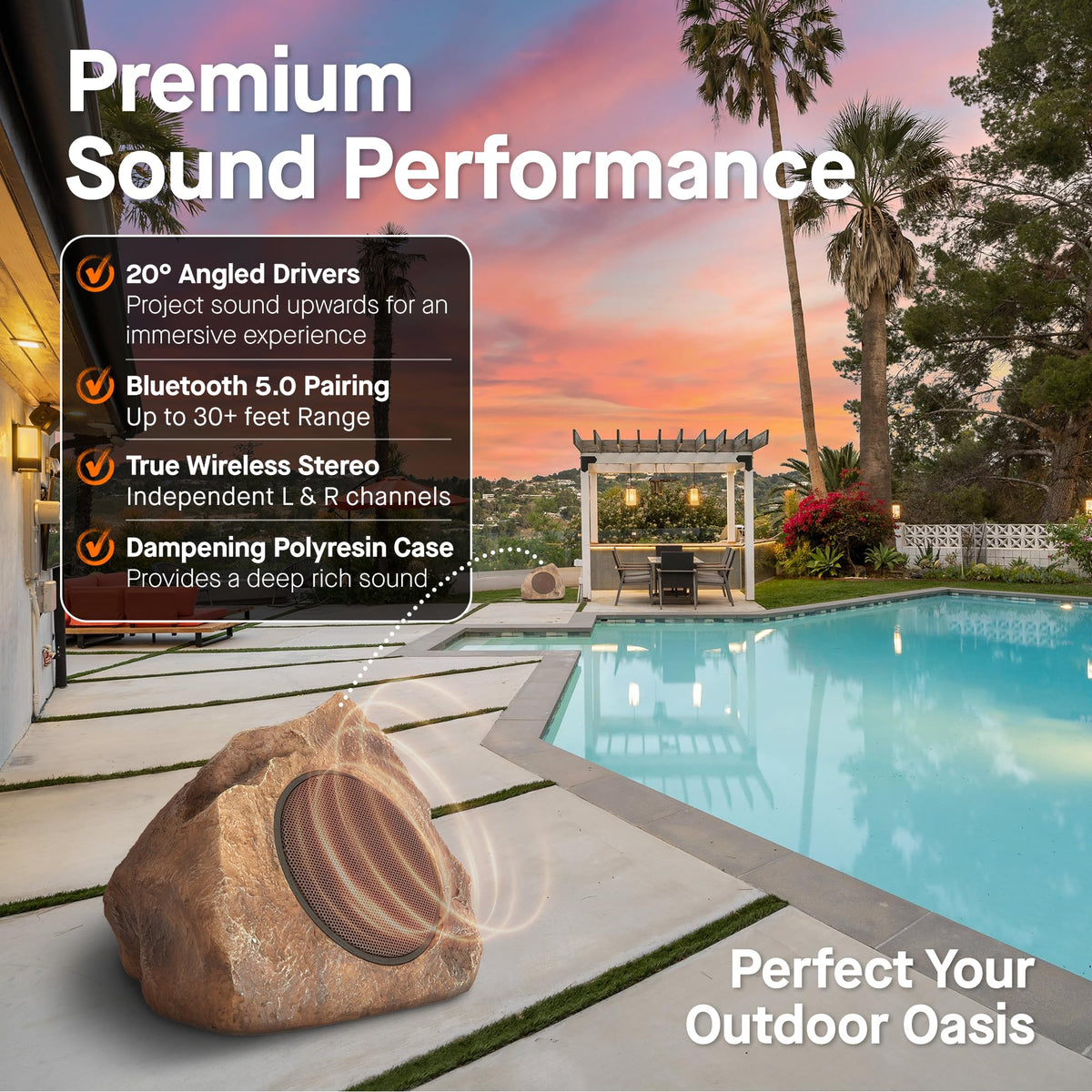 Homewell rock speaker beside pool for poolside Bluetooth listening.