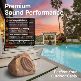 Homewell rock speaker beside pool for poolside Bluetooth listening.