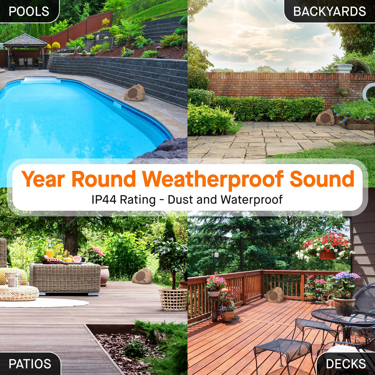 Homewell rock speaker with true wireless stereo for wider coverage.