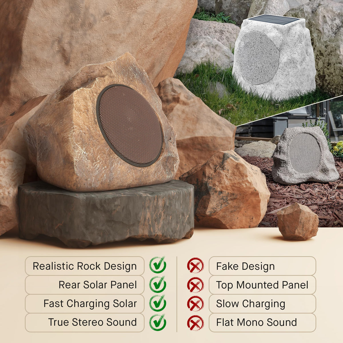 Homewell solar-powered speaker in sunlit yard ready for outdoor listening.