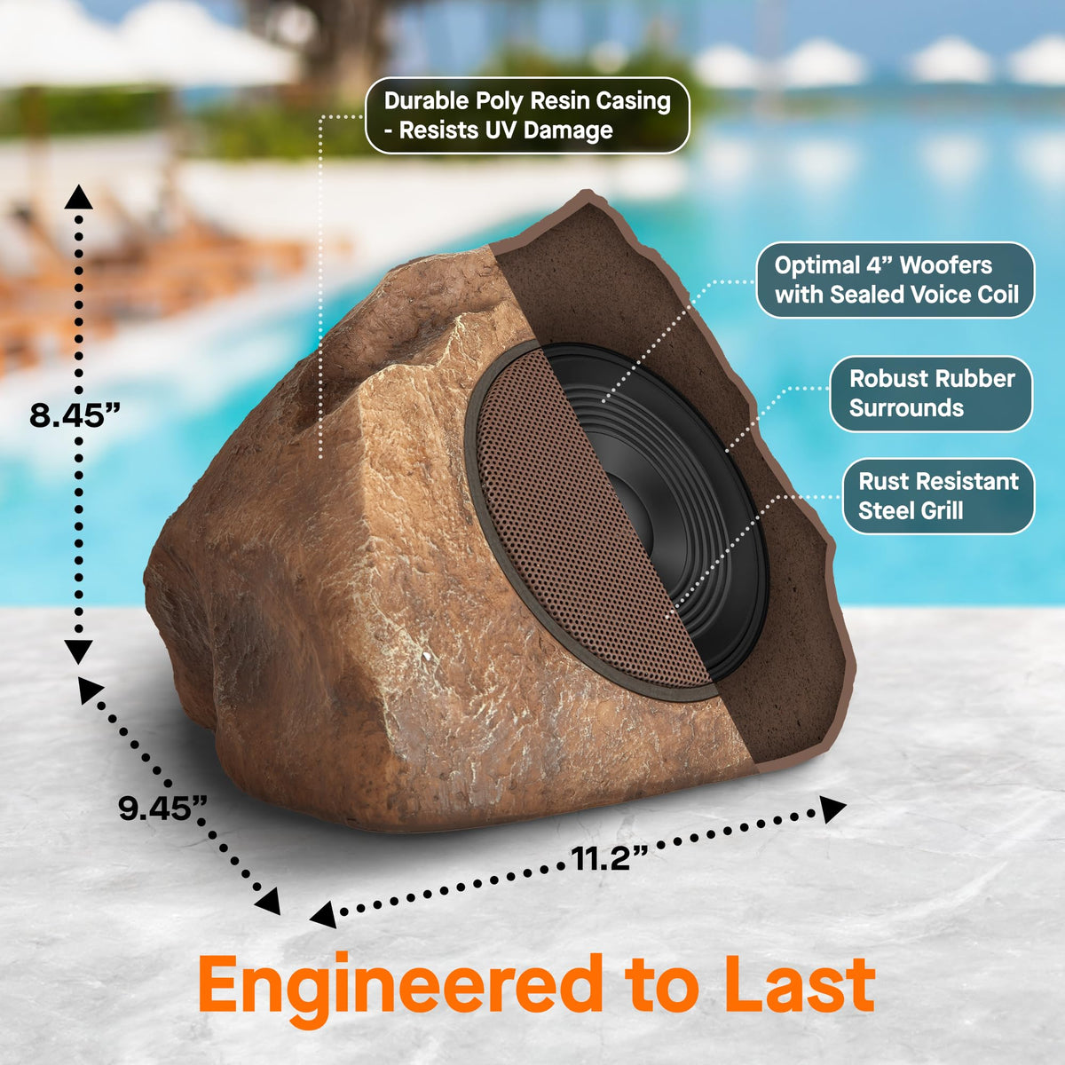 Homewell weatherproof IP44 rock speaker withstands rain on garden path.