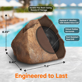 Homewell weatherproof IP44 rock speaker withstands rain on garden path.