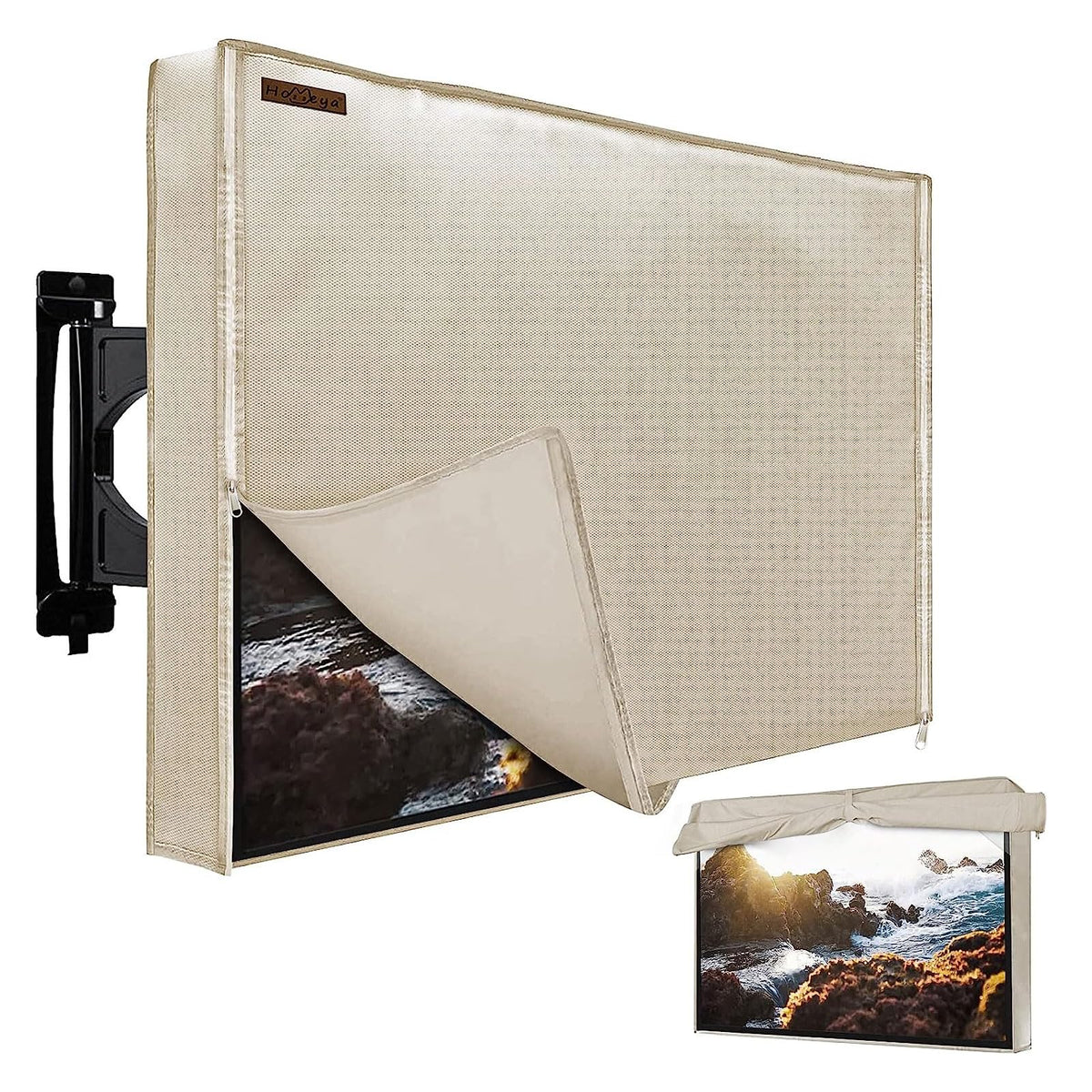 HOMEYA front view of outdoor TV cover showing full fit and protection