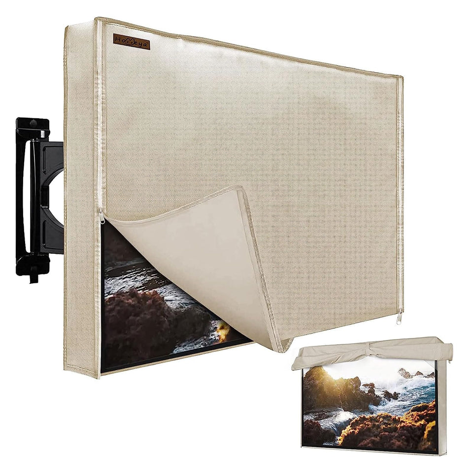 HOMEYA front view of outdoor TV cover showing full fit and protection