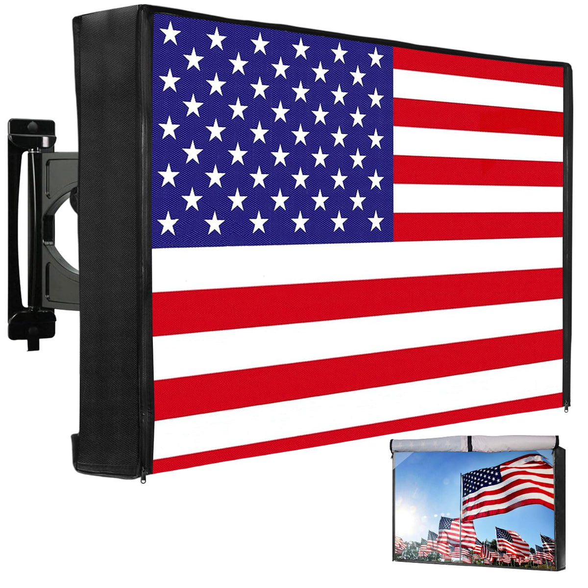 HOMEYA front view showing American flag cover protecting screened TV outdoors