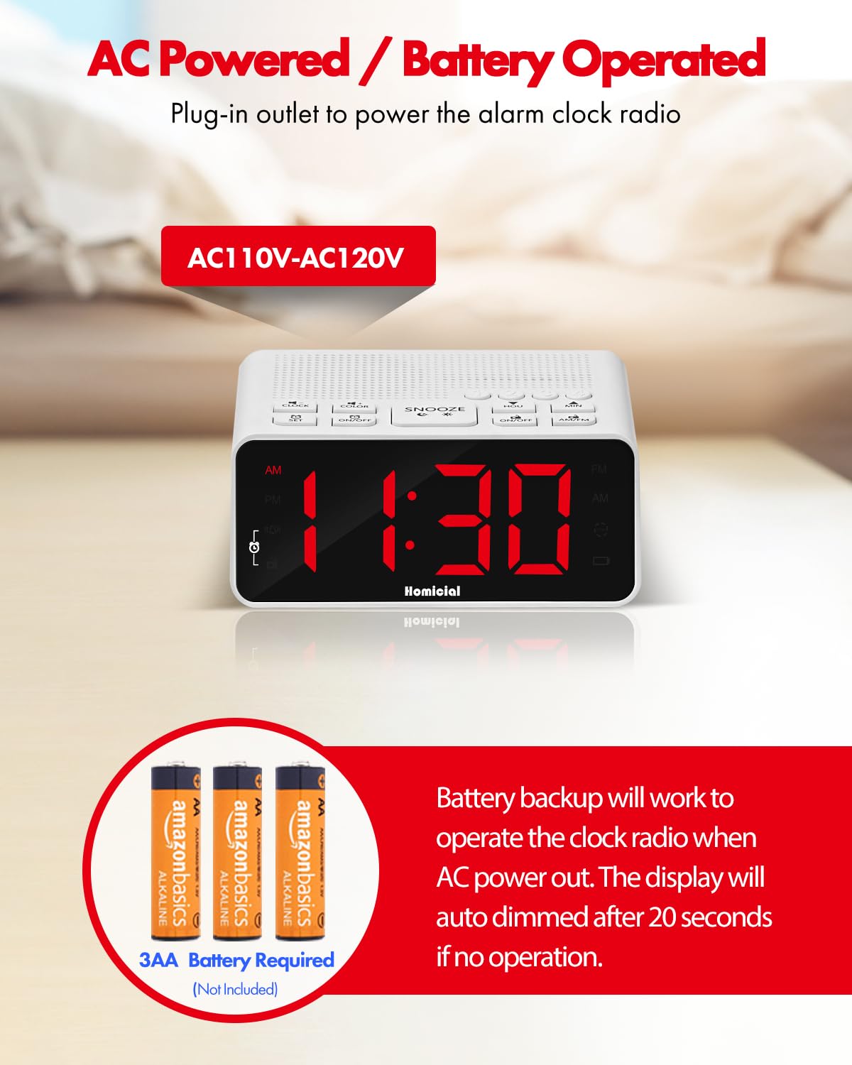 Homicial clock on bedside table in bedroom scene showing restful ambiance benefit