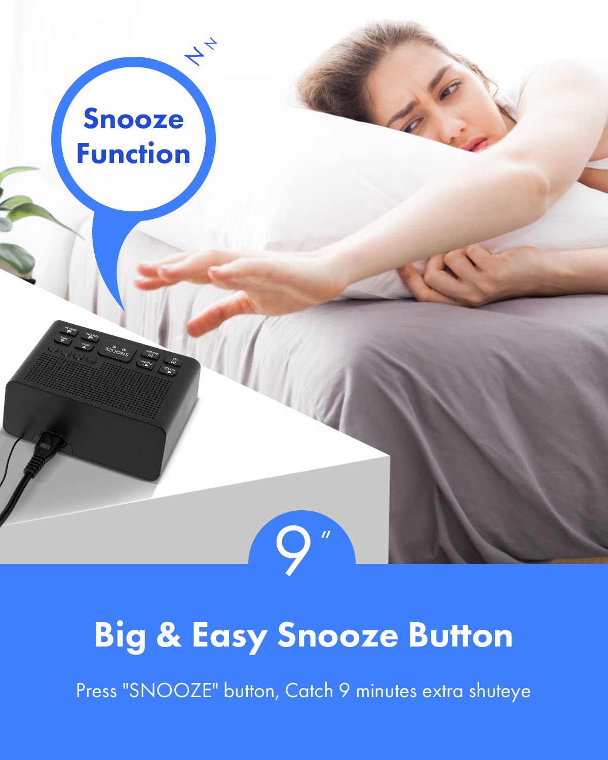 Homicial plugged in on a nightstand illustrating bright display and radio use convenience