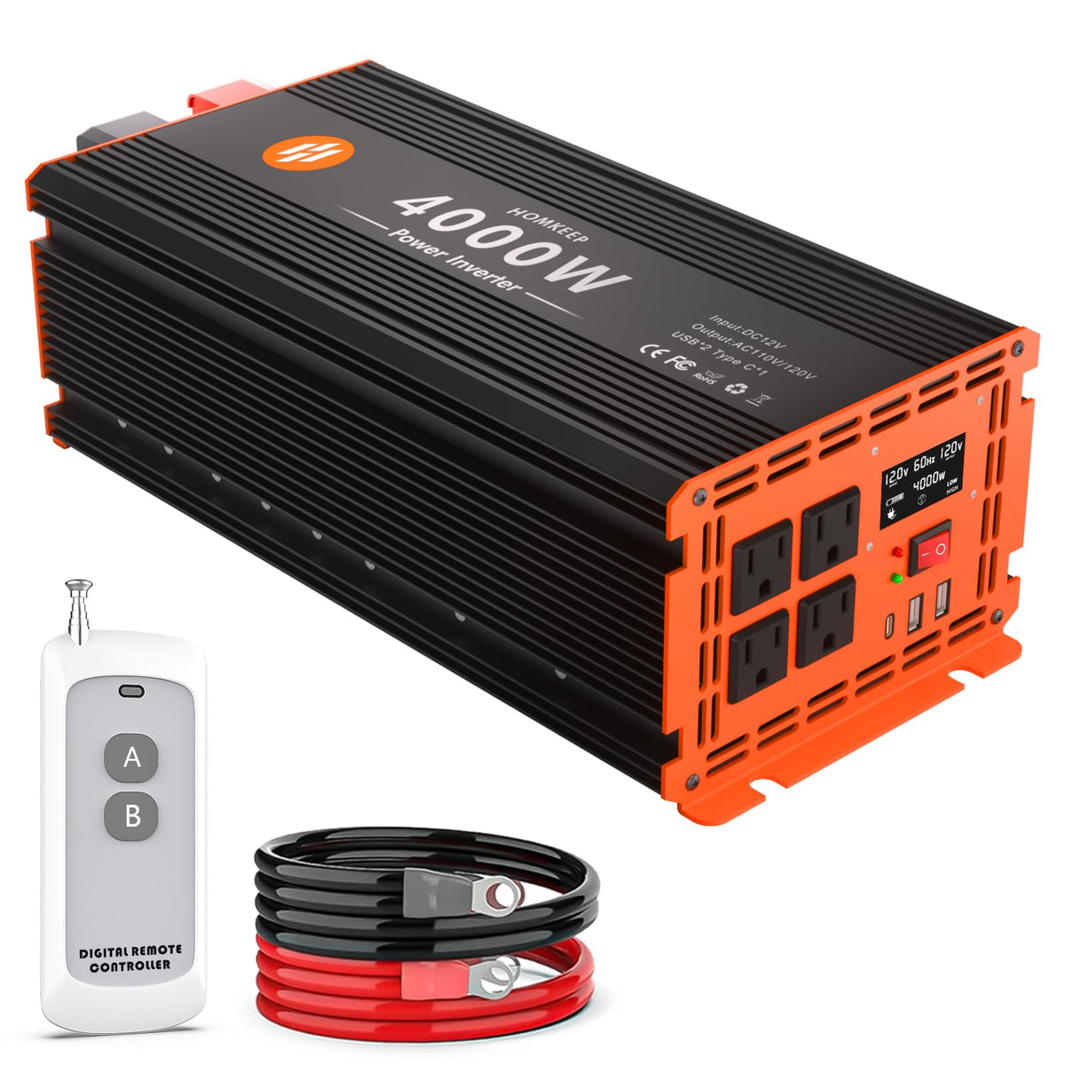Homkeep 4000W inverter front view with rugged shell and ports for reliability