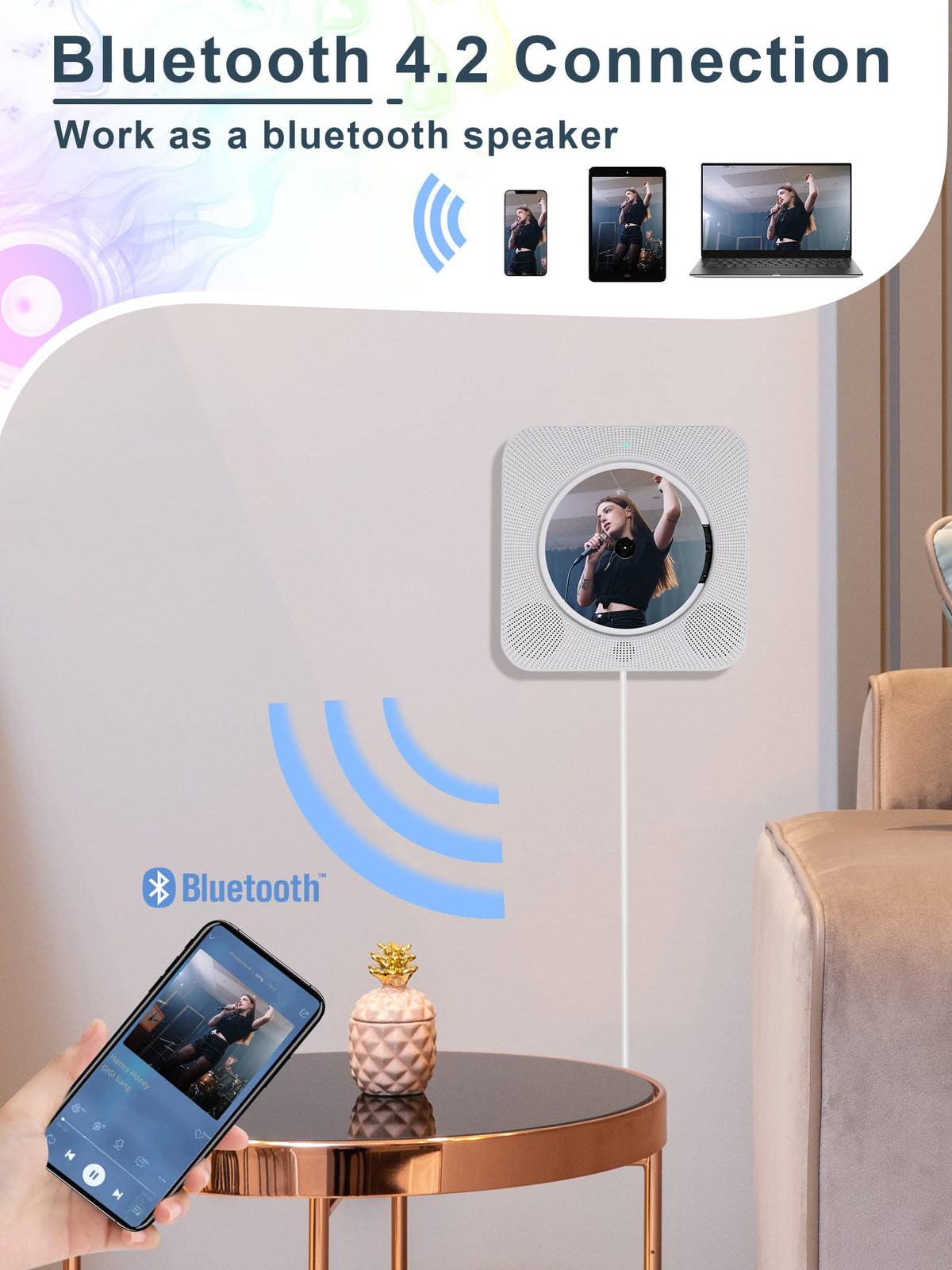 Homlab CD player in Bluetooth mode streaming from a smartphone.