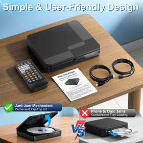 Homlab mini DVD player on a dorm shelf demonstrating portability and space-saving setup