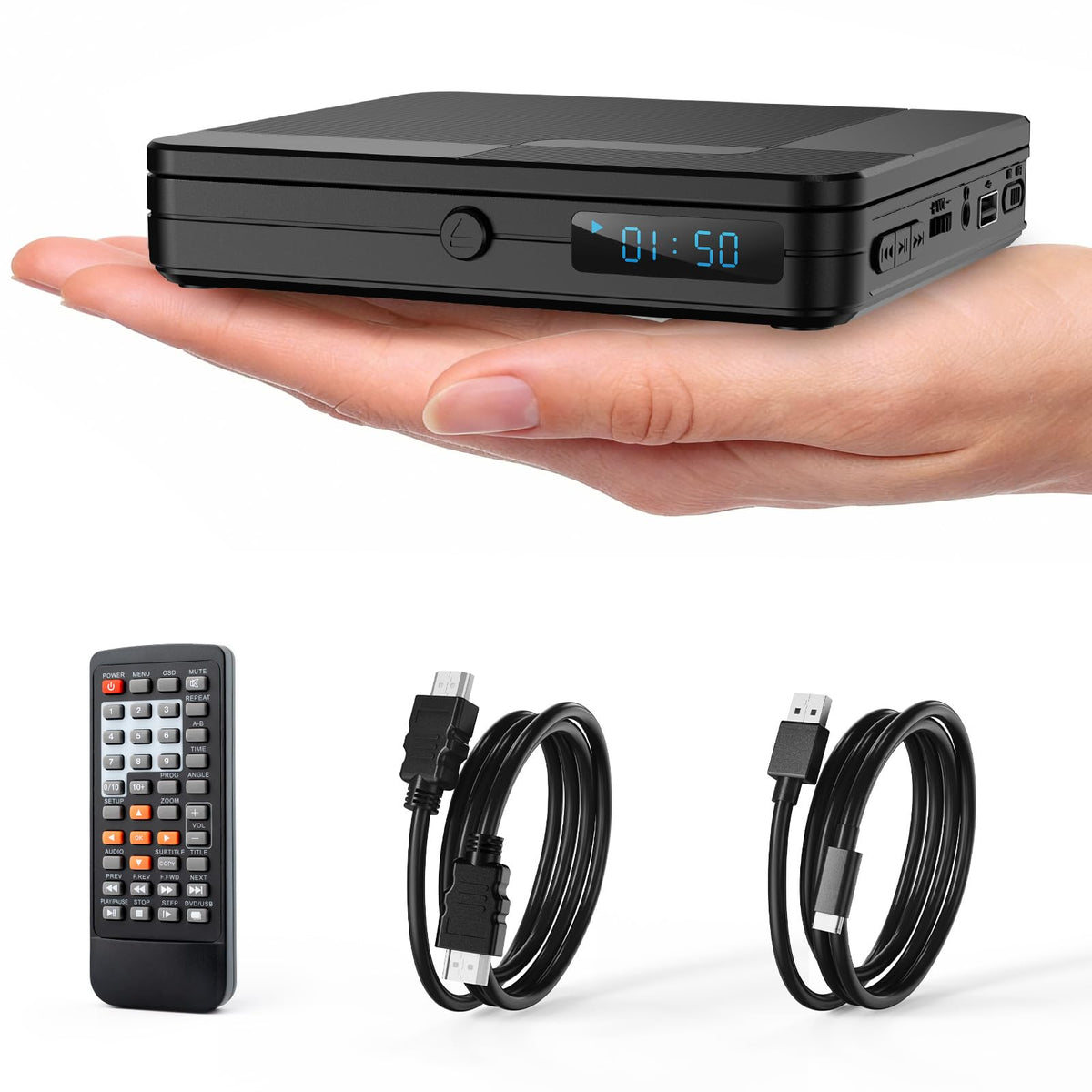 Homlab mini DVD player front view showing controls and sleek compact design for convenience