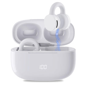 HOMSCAM front view of white open-ear earbuds showing comfortable fit and visibility