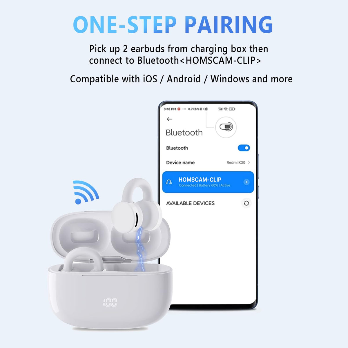 HOMSCAM earbuds in hand for scale showing lightweight 5g per earbud advantage