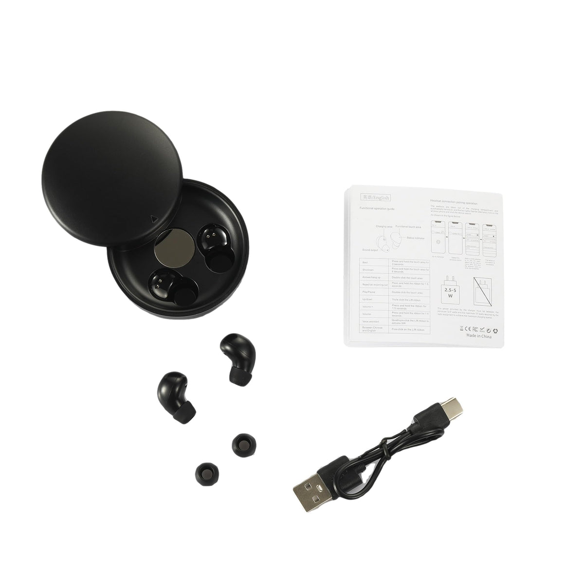 Honcas charging case open beside Type-C cable showing compact scale and convenient recharge benefit
