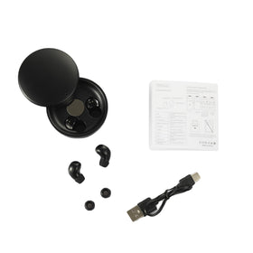 Honcas charging case open beside Type-C cable showing compact scale and convenient recharge benefit