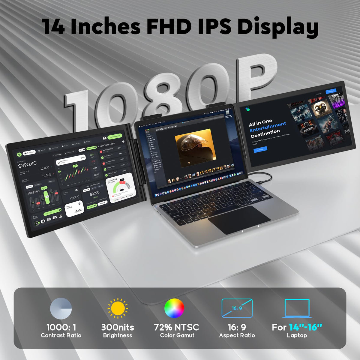HONGO dual-monitor workspace setup boosts multitasking on the go.