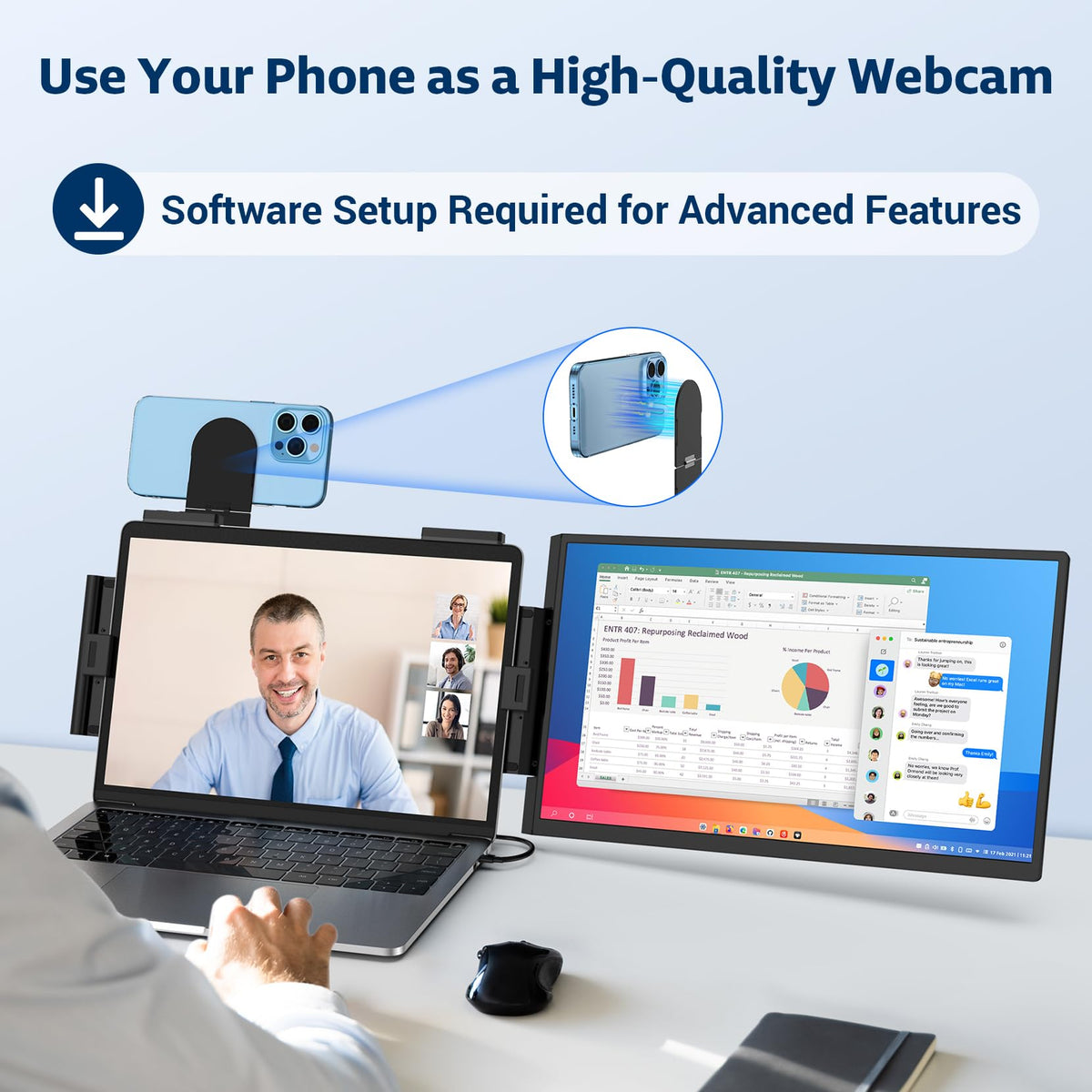 HONGO versatile stand supports phone or tablet in portrait or landscape modes.