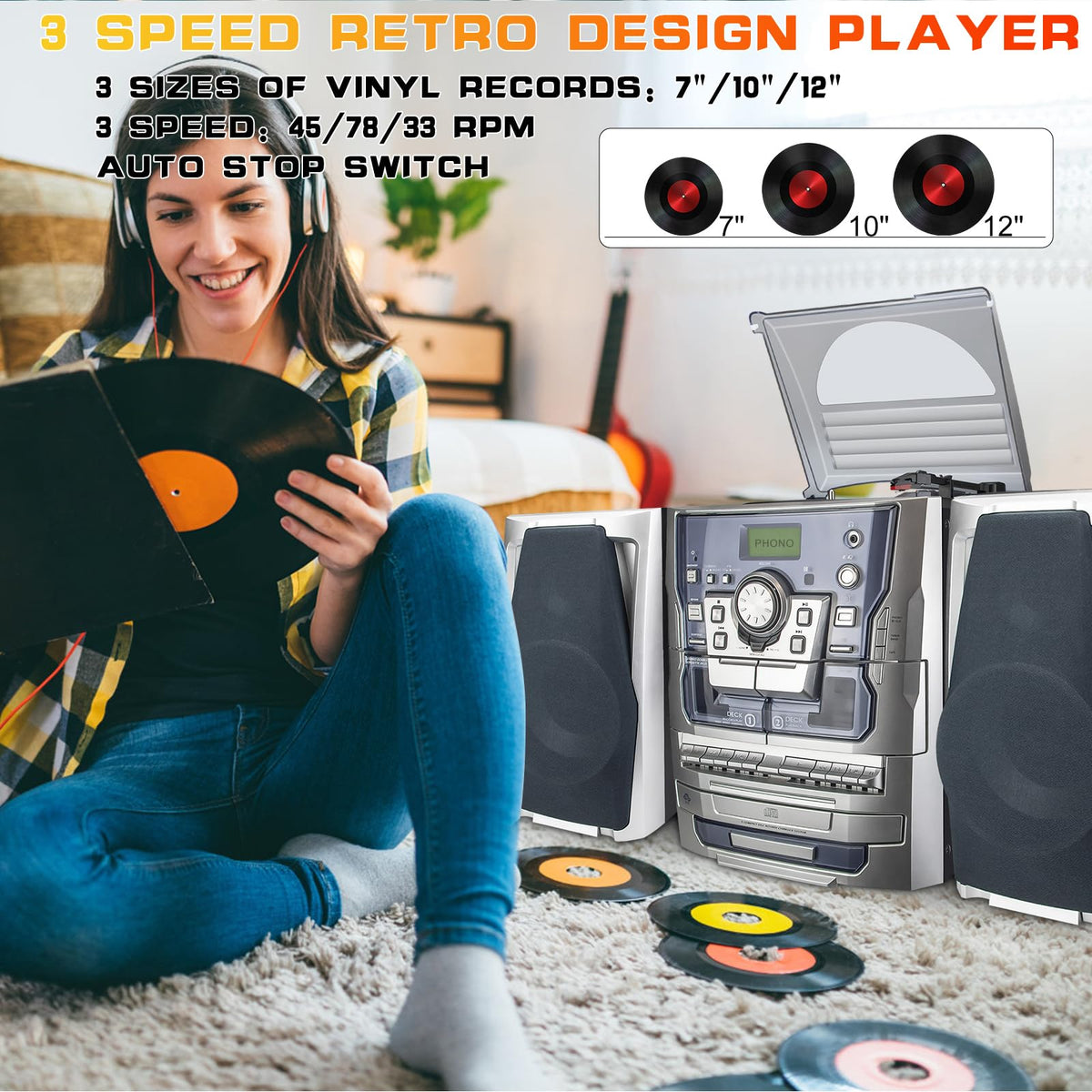 HONGUT 3-speed turntable supports 33, 45, and 78 RPM with vinyl versatility
