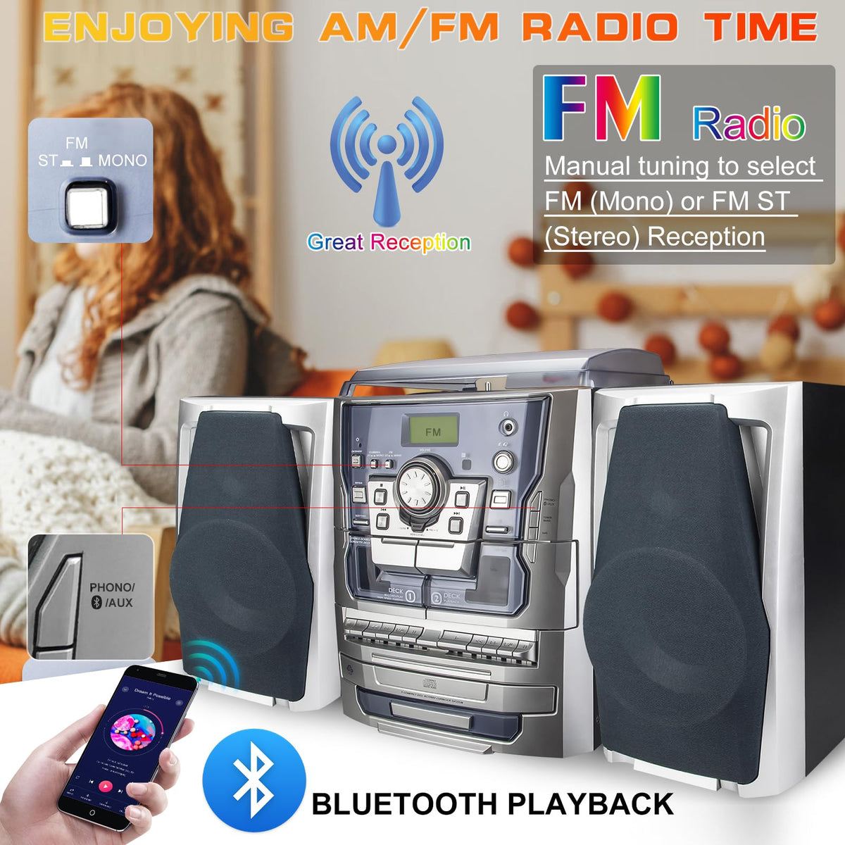 HONGUT dual cassette and CD player front view for retro media playback