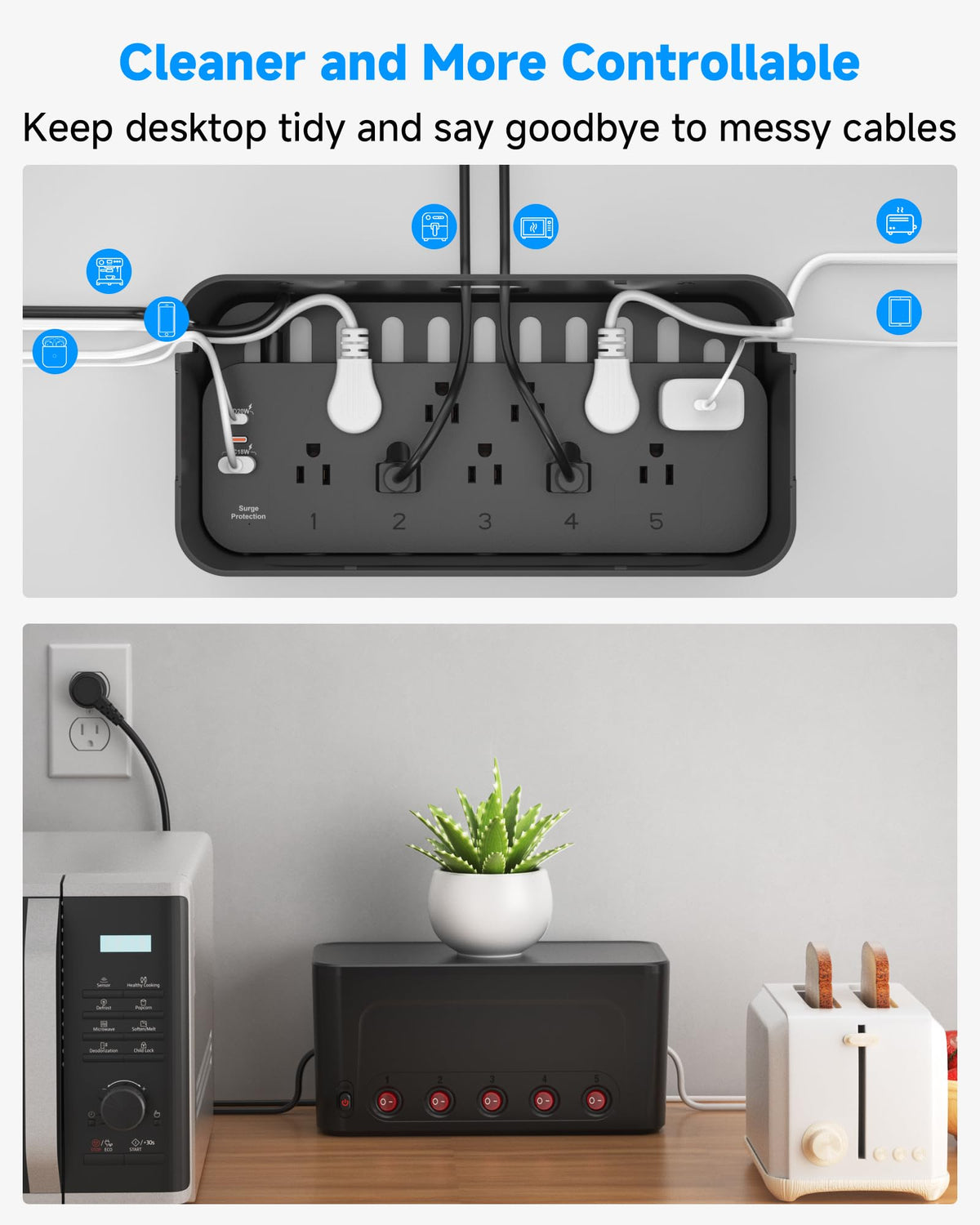 HoniHom flat plug and 6 ft cord detail for space-saving placement