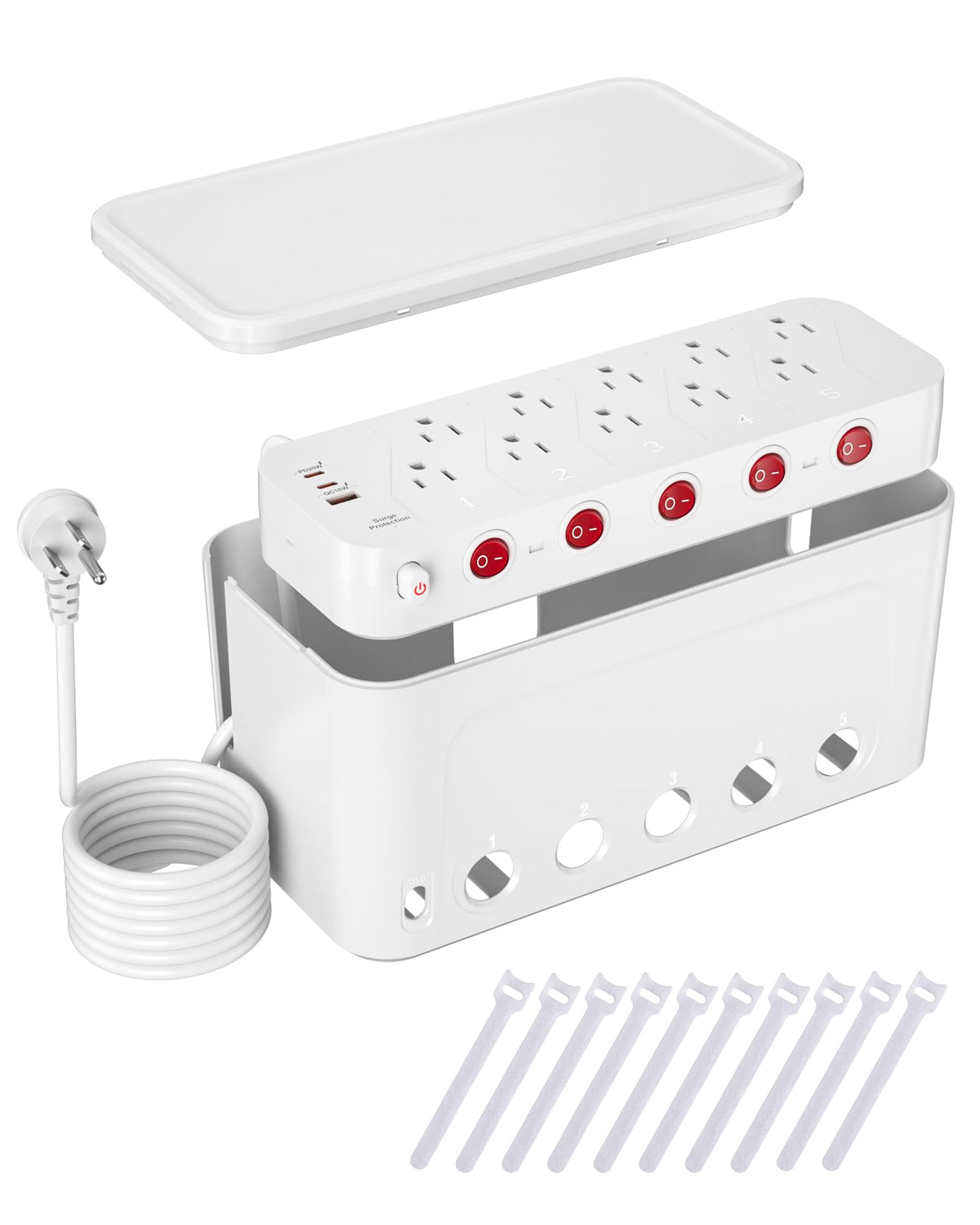 HoniHom front view of white box and visible outlets showing neat storage benefit
