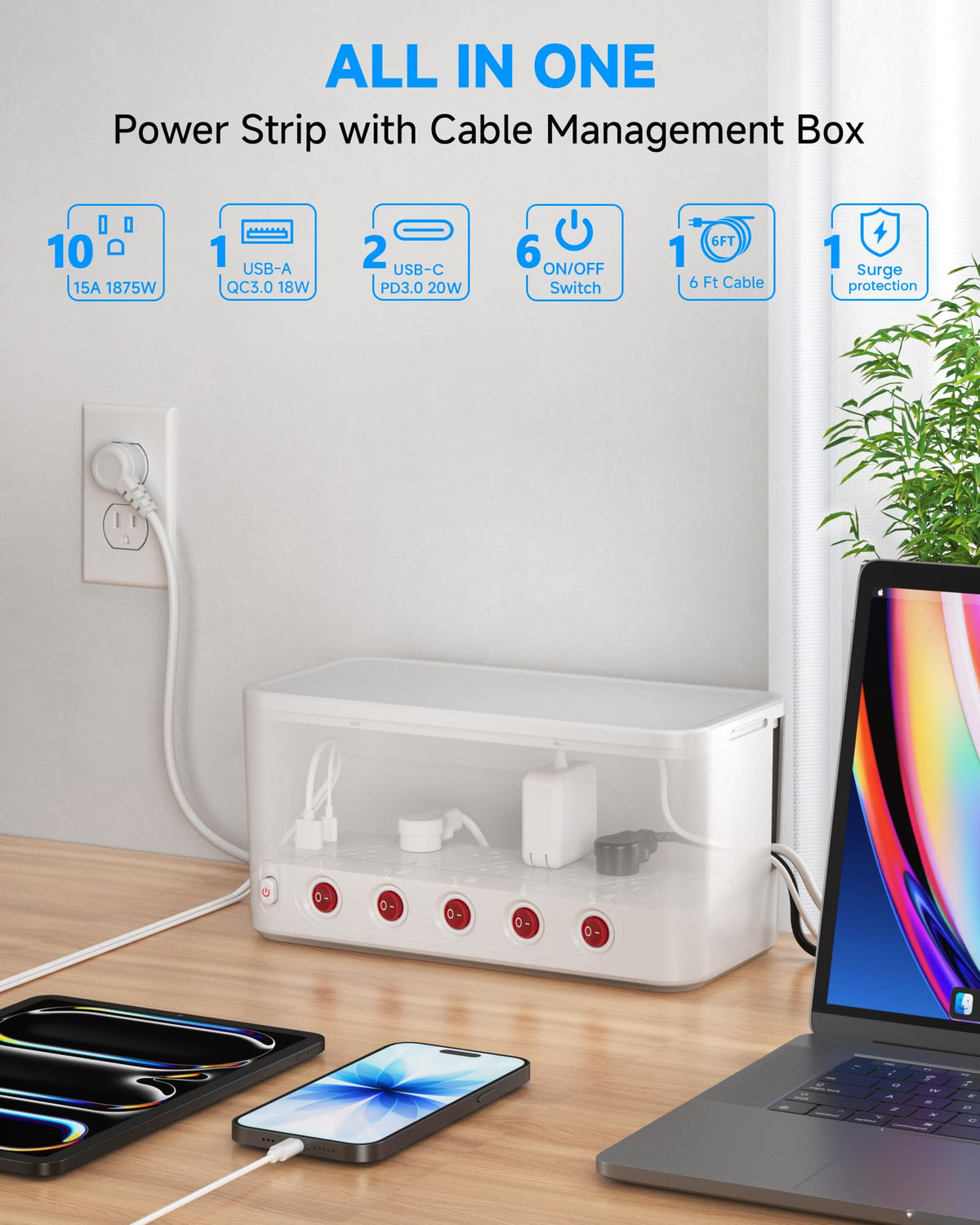 HoniHom open cable box revealing the 10-outlet surge protector and tidy interior