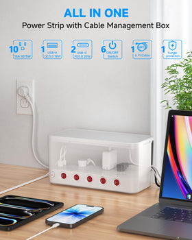 HoniHom open cable box revealing the 10-outlet surge protector and tidy interior