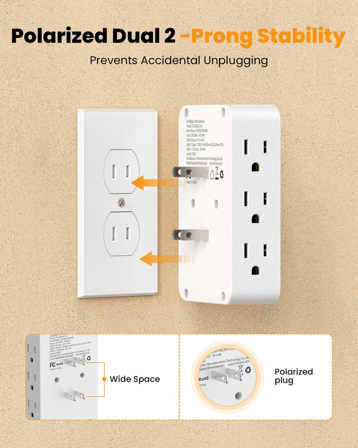 HONIZER six AC outlets side ports powering multiple devices at once