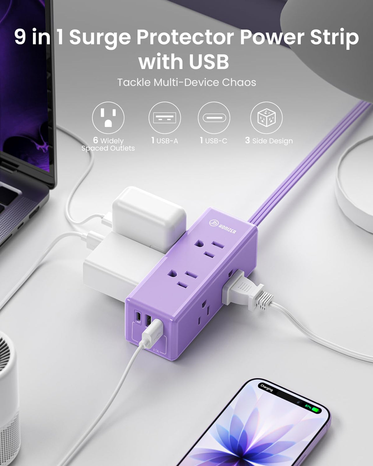HONIZER close up of USB‑C, USB‑A ports and lighted switch for convenient charging control
