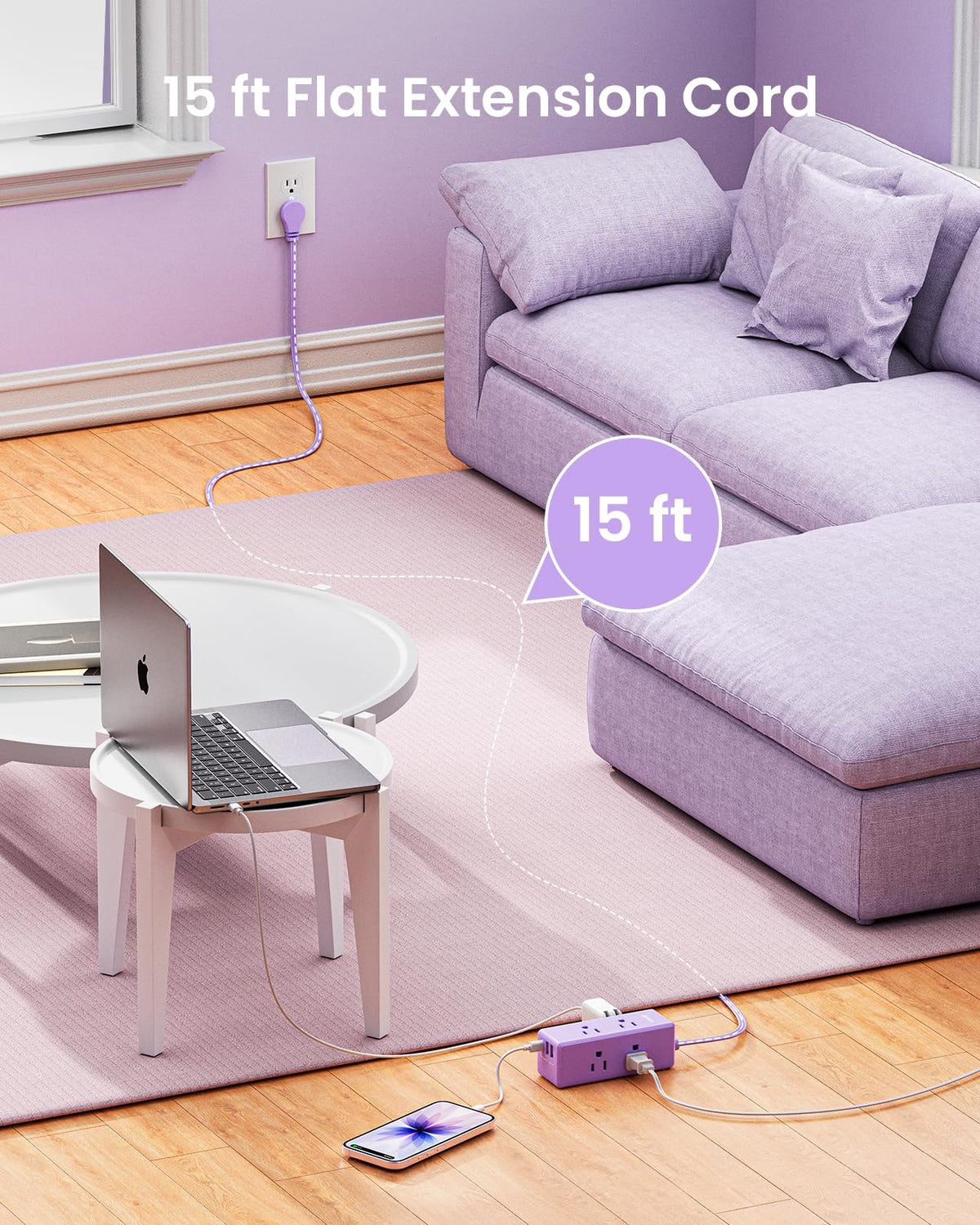 HONIZER flat cord profile tucked under rug demonstrating low profile safety and neatness