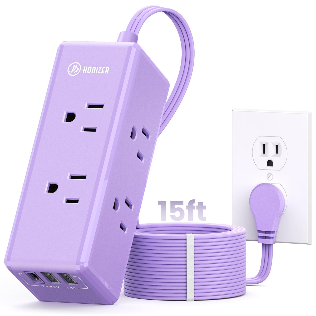 HONIZER front view of lavender power strip showing outlets and USB ports for tidy charging