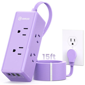 HONIZER front view of lavender power strip showing outlets and USB ports for tidy charging