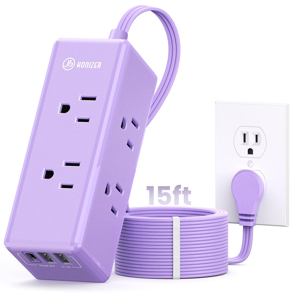 HONIZER front view of lavender power strip showing outlets and USB ports for tidy charging