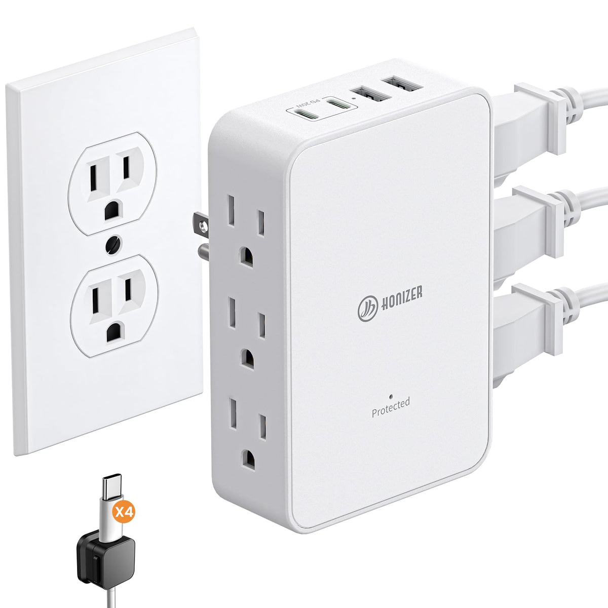 HONIZER outlet with six AC ports and PD USB-C for fast charging.