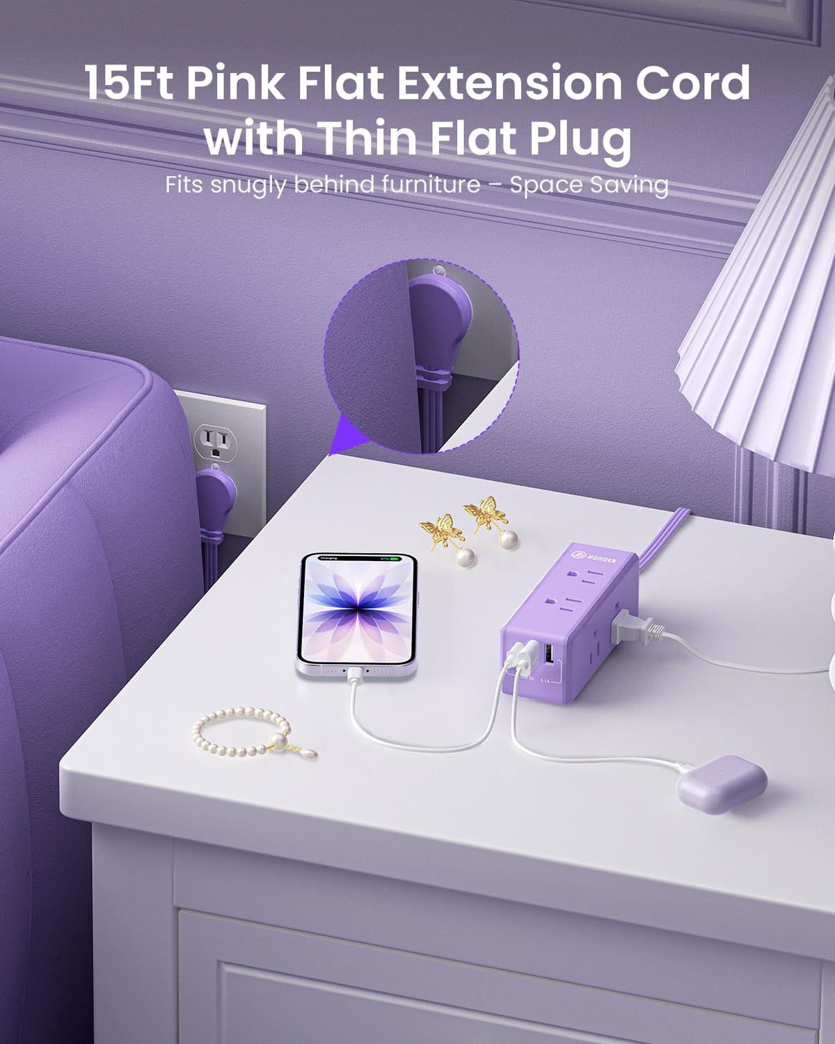 HONIZER widely spaced outlets detail accommodating bulky adapters without blocking neighbors