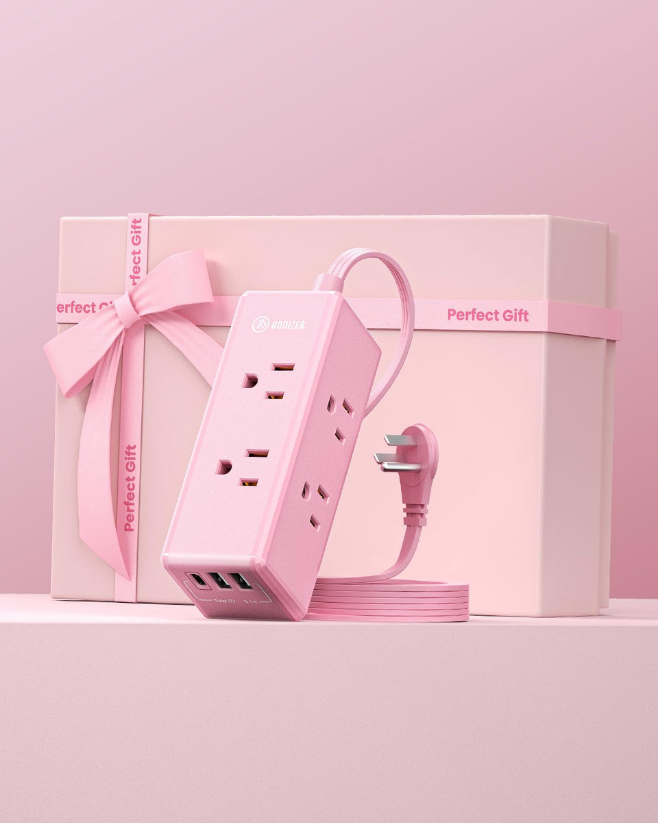 HONIZER pink power strip with flat cord on desk for clean cable management