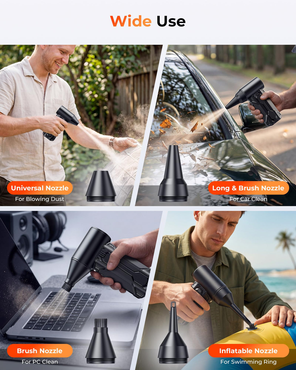 Honornic compressed air duster with nozzle attachments for versatile tasks