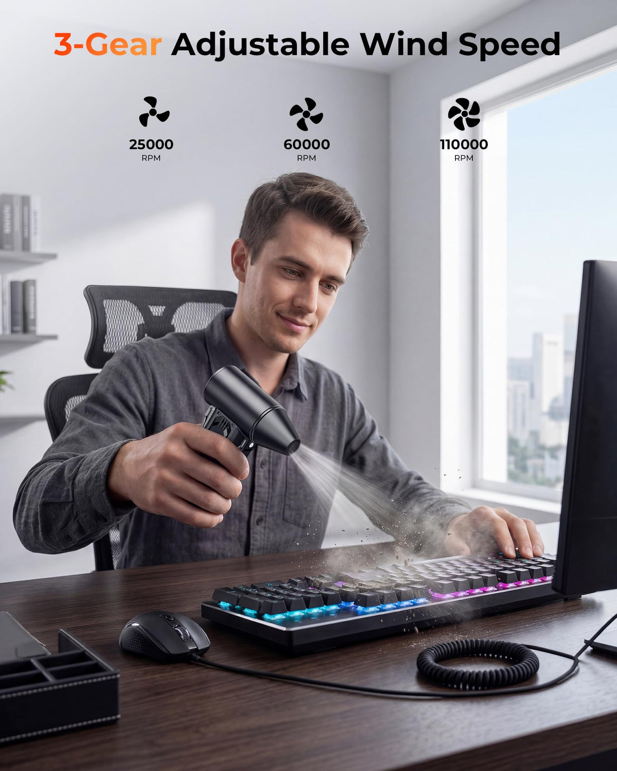Honornic duster with four nozzles for versatile home, car, and keyboard cleaning.