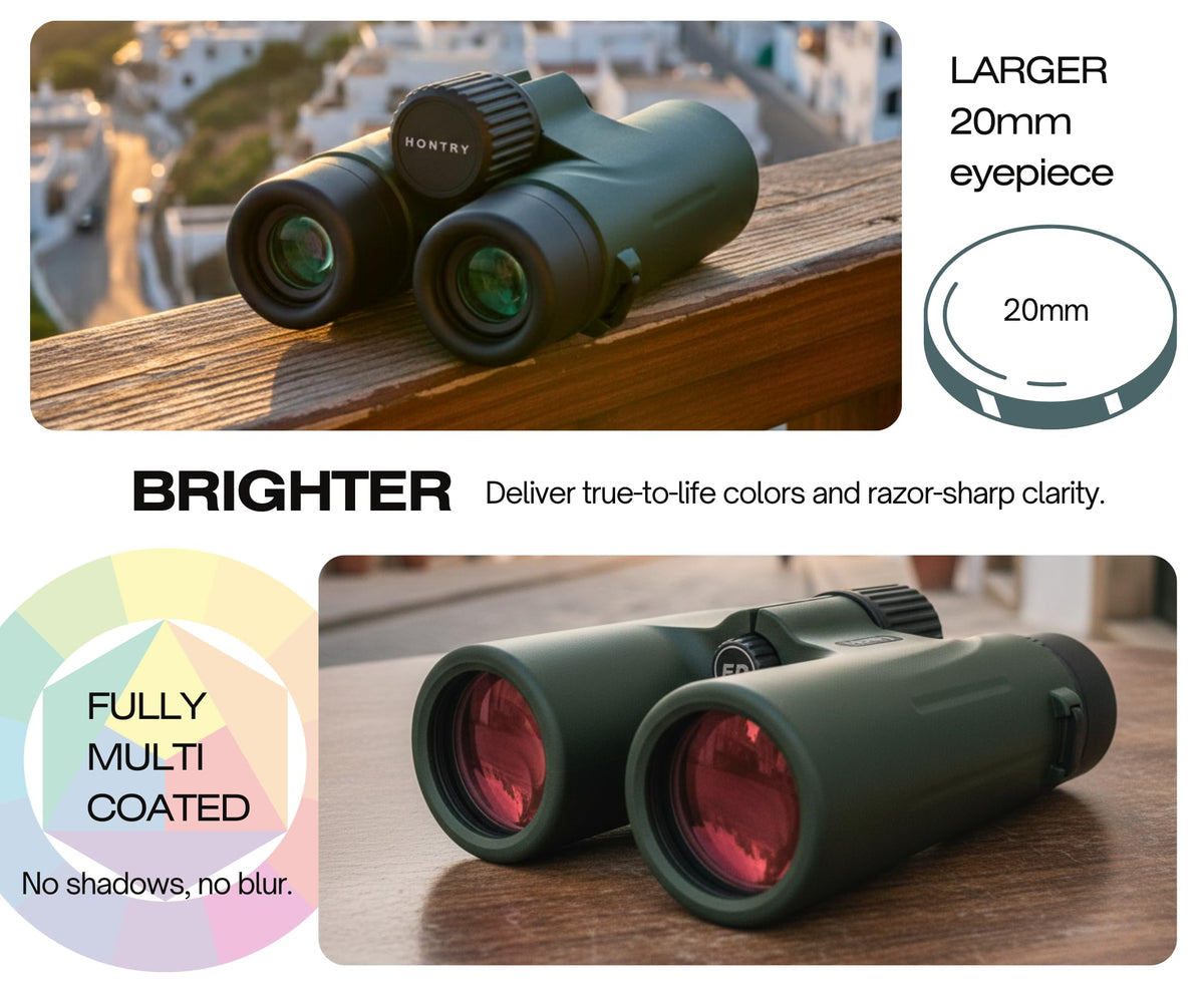 Hontry 8x42 binoculars in a bird-watching scene highlighting hands-free viewing.