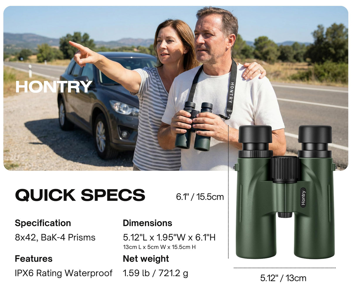 Hontry 8x42 binoculars held to show secure grip during outdoor viewing.