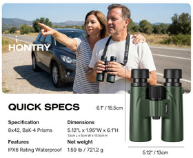 Hontry 8x42 binoculars held to show secure grip during outdoor viewing.