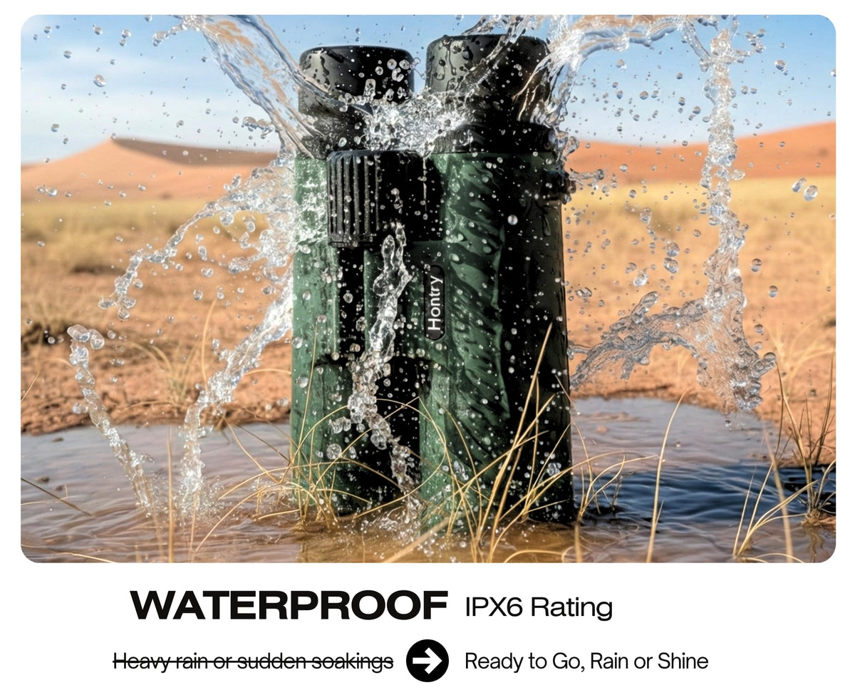 Hontry 8x42 binoculars floating on water to demonstrate waterproof design.