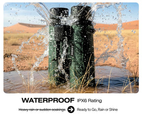 Hontry 8x42 binoculars floating on water to demonstrate waterproof design.