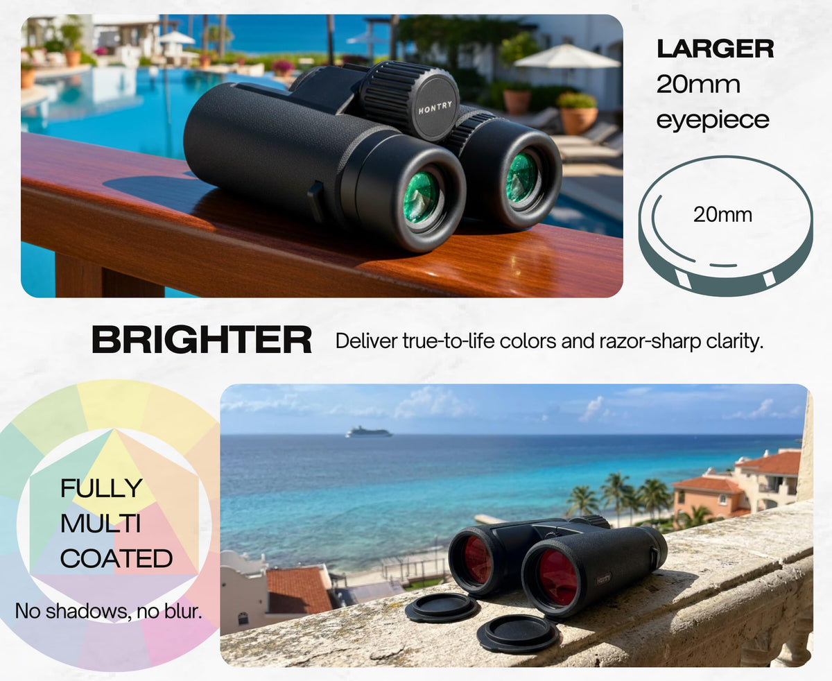 Hontry 10x42 binoculars are travel-ready for safari, coastlines, and road trips