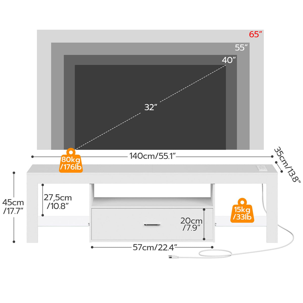 HOOBRO LED TV stand with glass shelves for display and organization.