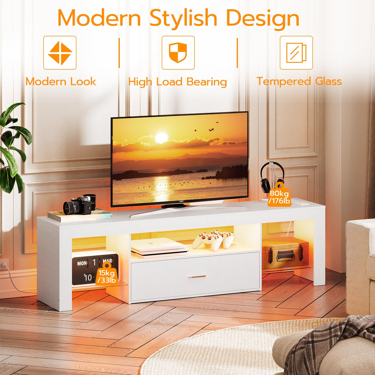 HOOBRO LED TV stand large drawer keeps remotes and gadgets tidy.
